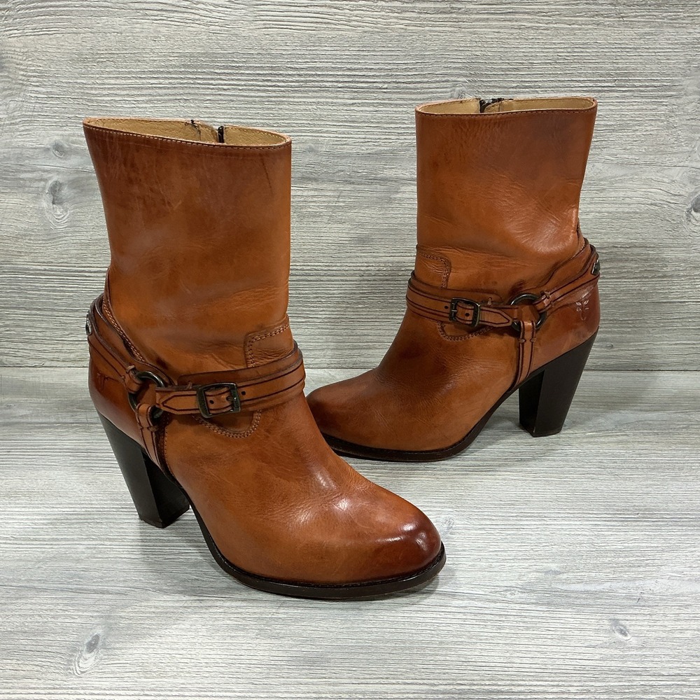 Frye Jenny Plate Short Honey Tan Brown Leather Harness Boots Heels Women's 8.5 B
